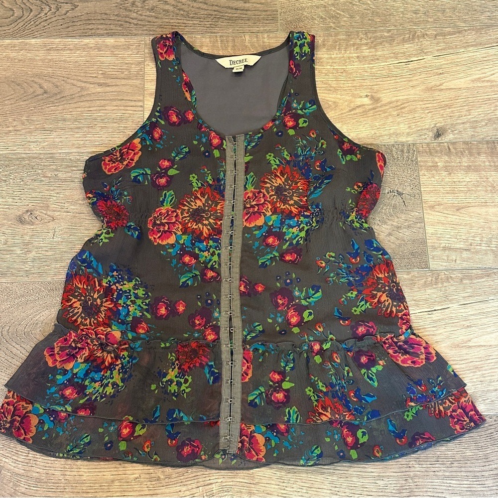 DECREE Womens‎ Tank Top Boho Floral Ruffle Peplum Sleeveless Chiffon Size M